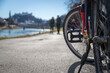 Mountain bike city trip in Salzburg. Close up of pedal outdoors, summer day, city mobility