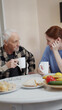 © iaginzburg - Family get togethers. Woman drinking tea with her elderly father and clinking glasses