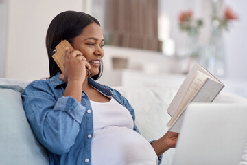 Poster - Im just calling to confirm my appointment for next week. Shot of a woman looking at her notebook while talking on her cellphone at home.