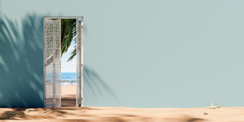 Wall Mural - Opened door at the sand beach with sea view and empty wall background. Summer vacation concept. 3D Rendering, 3D Illustration