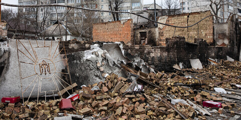 Wall Mural - War in Ukraine. Ruined houses of Borodianka, Ukraine