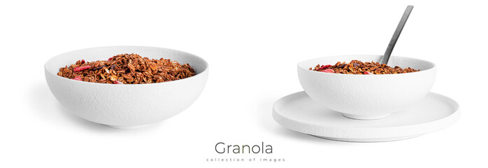 Wall Mural - Granola isolated on a white background. Granola with chocolate and strawberries.