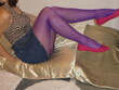 purple tights fashion pink pumps shoes zebra top denim skirt
