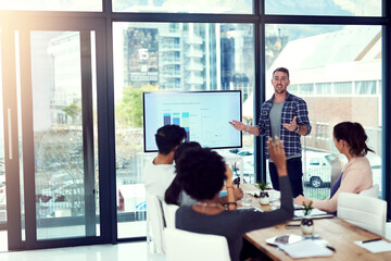 Aufkleber - I welcome any and all ideas. Cropped shot of a young man giving a presentation to his team.