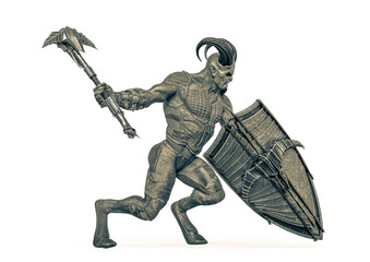 Wall Mural - evil warrior is running and holding up an axe and shield with anger side view
