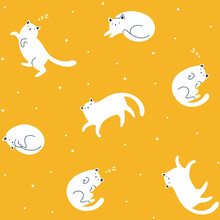 Seamless Vector Pattern With Cute Funny Sleeping White Cats On Yellow Background.