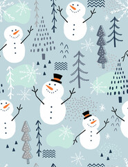 Wall Mural - Seamless Christmas pattern with cute snowman and tree