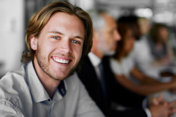 Aufkleber - Ill be taking away a lot from this meeting. Portrait of a businessman sitting in a boardroom meeting with colleagues blurred in the background.