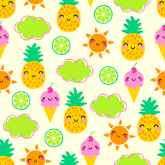 Wall Mural - Cute cartoon pineapple, ice cream, sun and lime seamless pattern for summer holidays background.