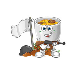 noodle bowl army character. cartoon mascot vector