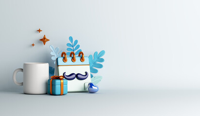 Happy fathers day decoration background with gift box, mug, calendar mustache, heart shape, leaves copy space text, 3D rendering illustration
