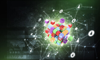 Wall Mural - concept of internet and networking with digital cube figure on dark background