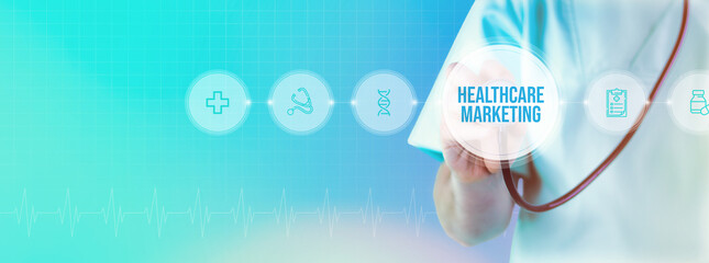 Healthcare Marketing. Doctor with stethoscope in focus. Icons and text on a digital interface. Medical technology