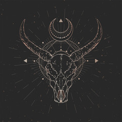 Wall Mural - Vector illustration with hand drawn Wild buffalo skull and Sacred geometric symbol on black vintage background. Abstract mystic sign.