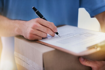 Sticker - Keeping the paper trail intact. Shot of an unidentifiable delivery man filling in paperwork while out on a delivery.