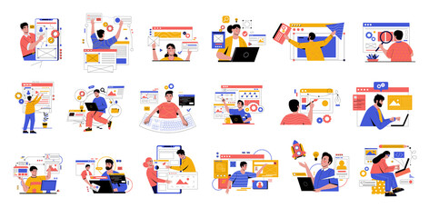 Application development. Cartoon concept with people working on website or software. PC programs developers and designers. Men or women programming apps. Vector isolated programmers set