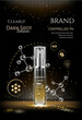 Dark gold essence ads. Skin care with gold light glitter effect and spray bottle, 3d illustration