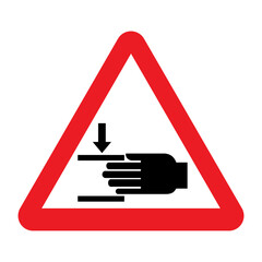 Crushing of hands sign. Vector illustration of red triangle warning sign with hand crush force from above icon inside. Risk of hand injuries. Safety symbol isolated on white background.