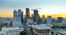 City Of Los Angeles, Panoramic Cityscape Skyline Scenic, Aerial View At Sunset. Downtown Cityscape Of Lod Angeles.