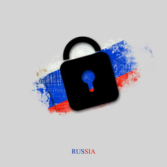 Wall Mural - Lock, icon. On the background of the grunge flag of Russia. Sanctions. Insulation. Isolated on a gray background. Business. Politics. E