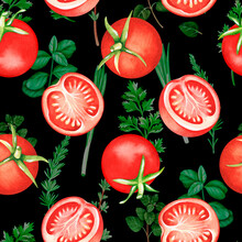Tomatoes With Herbs. Seamless Pattern. Watercolor Illustration. Isolated On A Black Background.