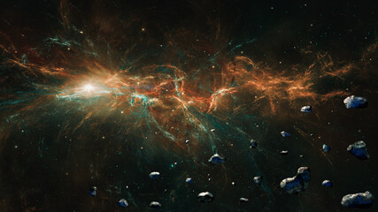 Wall Mural - Space background. Asteroid fly in colorful fractal nebula with star field. 3D rendering