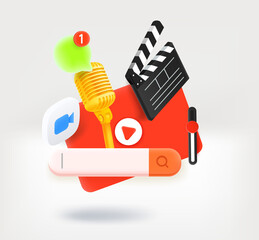 Poster - Searching video and audio podcast in internet. 3d vector concept