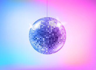 Poster - Bright holographic glowing studio with disco sphere. Vector 3d illustration
