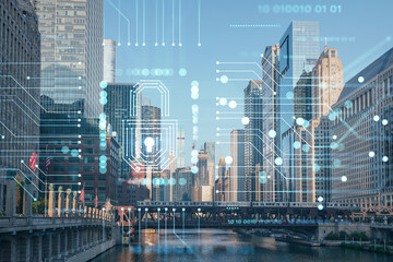 Wall Mural - Panorama cityscape of Chicago downtown and Riverwalk, boardwalk with bridges at sunset, Illinois, USA. The concept of cyber security to protect companies confidential information, hologram