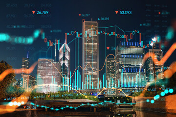 Wall Mural - Chicago downtown area city view, Millennium Park area, night time, Illinois, USA. Skyscrapers. Forex graph hologram. The concept of internet trading, brokerage and fundamental analysis