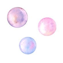Bubbles Purple Pink And Blue Isolated On White Background, Watercolor Illustration.