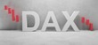 cgi render illustration of the white word DAX infront of a white concrete wall, red candle stick symbol showing share price direction
