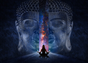Wall Mural - woman meditating in front of the gate with the face of buddha