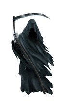 Image Of Death In Black Clothes With A Scythe In His Hands Isolated On A White Background. Grim-reaper. Depression, Despondency, Fear, Fright, Mysticism. 3D Illustration, 3D Rendering.