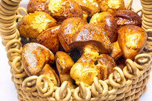 Mushroom Shaped Biscuits. Bagel Basket With Mushroom-shaped Cookies.