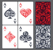 © Mariia - Four aces. Set of vector playing card suits and back design made by floral elements. Vintage stylized illustration in red and black color on white background. Works well as print, icon, emblem, symbol