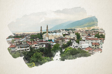 Brush paint art on Bursa landscape. Grunge oil paint watercolor design.  Bursa touristic city in Turkey.