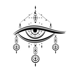 Sticker - Eye of Providence , All seeing eye of god with celestial space moon and stars mysterious magic tattoo on white background black icon flat vector design.