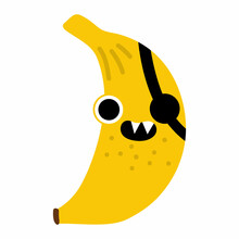 Vector Funny Kawaii Banana Icon. Pirate Fruit Illustration. Comic Plant With Eyes, Eye Patch And Mouth Isolated On White Background. Healthy Summer Food Clipart..