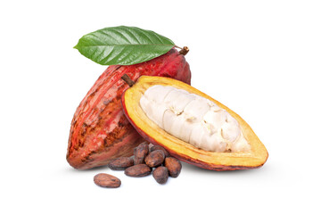 Wall Mural - Fresh red cocoa pods with cut in half sliced and green leaf with dried cocoa beans in wooden bowl isolated on white background.