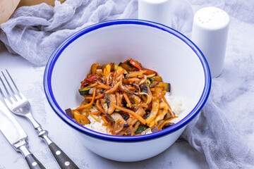 Canvas Print - Rice with fried vegetables on the bowl