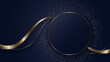 Abstract modern luxury dark blue circle shape and golden ring with gold glitter ribbon lines on dark background