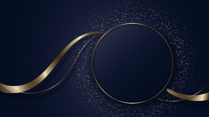 abstract modern luxury dark blue circle shape and golden ring with gold glitter ribbon lines on dark