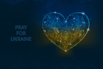 Pray for Ukraine concept. Save Ukraine and I Support Ukraine. Heart shape flag of ukraine. Polygonal low poly style illustration