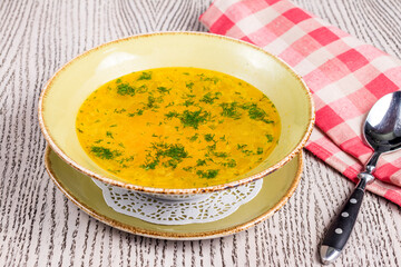 Sticker - Chicken soup bouillon with chicken meat on the bowl on wooden table