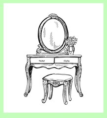 Wall Mural - Hand drawn sketch style vintage dressing table isolated on white background. Vector illustration.