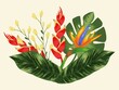 Composition with tropical flowers heliconia and strelitzia, leaves palm and monstera. Vector on a light background