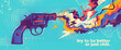 Abstract lifestyle graffiti design with revolver and colorful splashing shapes. Vector illustration.