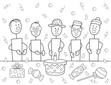 Stick Figures At A Birthday Party, Happy Male Friends, Some Of Them Wearing Glasses And Hats. Fun Design With A Cake, Sweets And More Shapes To Color. You Can Print It On 8.5x11 Inch Paper