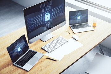 Wall Mural - computer monitor with creative light lock illustration and microcircuit, cyber security concept. 3d 